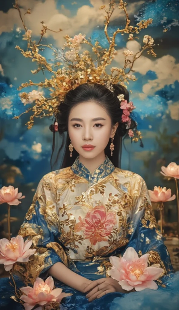 ( masterpiece ,  best quality:1.2), 1 Girl, Mori Xuehui ,  Dale Chihuly,  fashion magazine cover, Wallop,  Alphonse Mucha, Xiao Rongcheng,  Mineral Pigment Digital Painting ,  textured matte,   Dark Fantasies  ,  New 3D Ancient Chinese Style ,  William Morris ,  Joseph Frank ,  Image of a Azalea with earrings in the clouds,  Realistic yet Romantic Style , Fairy Tale Core,  Black Painting ,  Baroque Elegance , 32K Ultra HD,  Extravagant Facial Features ,  Chinese Style Lighting , 3D particles,  Gustav Klimt , Sequins,  bioluminescence , Glowing particles, James Turrell , Nick Vesey, Ultra-high-definition pixels, whole body, Film Grain