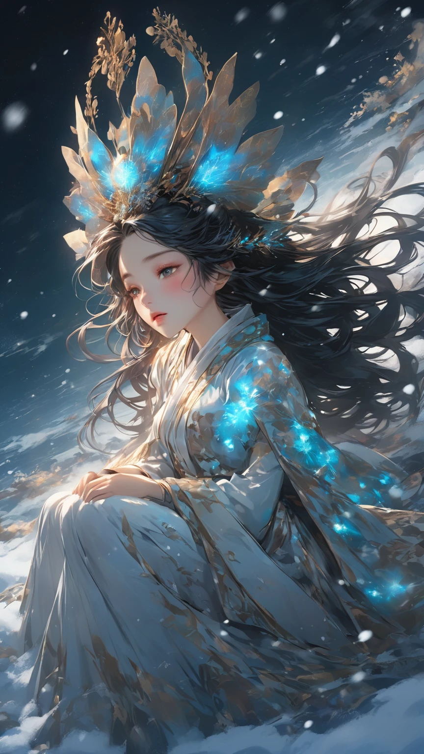 Magnificent concept art of an anime girl looking up at a heavy snowy Hokkaido night view from above, showing more of her skin with her long dark hair sitting. Exquisite clothing detail, dark white and light gold, distorted body, realist detail, animated gif, intricate detail, dark cyan and light style her beige

