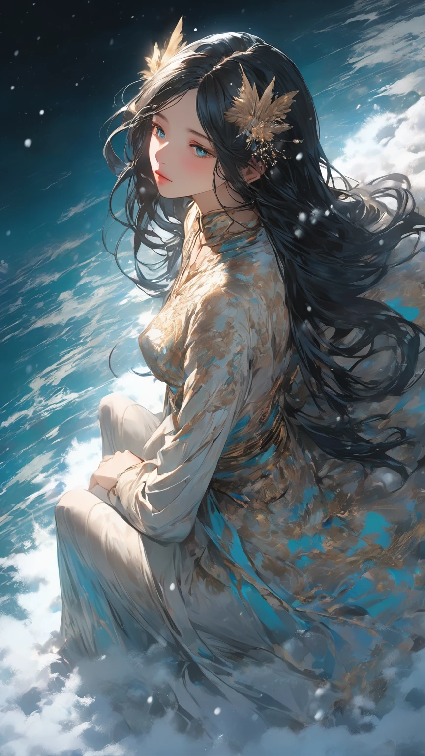 Magnificent concept art of an anime girl looking up at a heavy snowy Hokkaido night view from above, showing more of her skin with her long dark hair sitting. Exquisite clothing detail, dark white and light gold, distorted body, realist detail, animated gif, intricate detail, dark cyan and light style her beige

