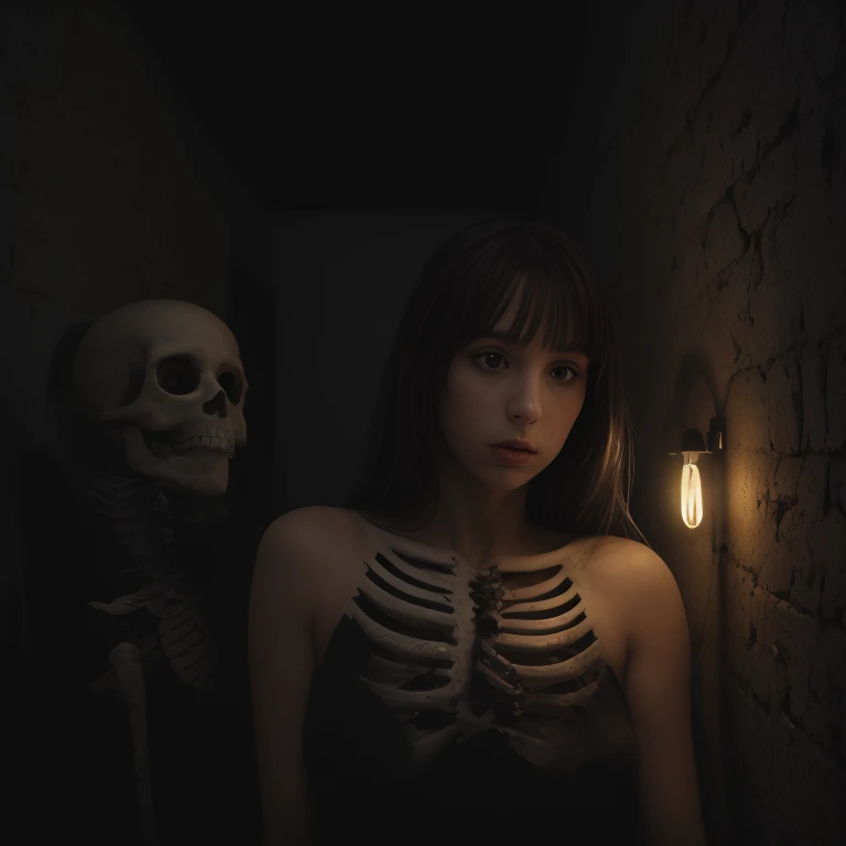 (best lighting, high contrast, clarity, dramatic), (Brunette girl next to a giant black skeleton, intrigue, human bones, blood on the walls). ultra realistic, excellent quality