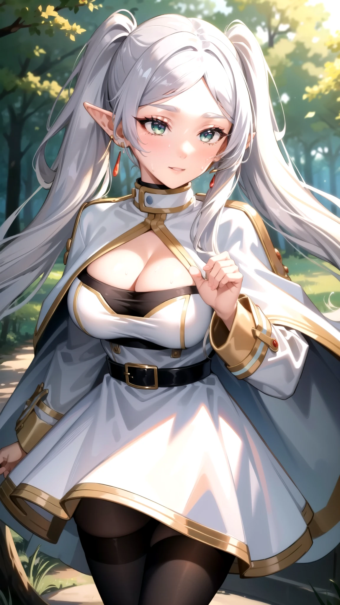 big breasts, cleavage, (masterpiece, best quality), intricate details, 1 girl, frieren, long hair, pointed ears, jewelry, earrings, twin tails, long sleeves, cape, white cape, dress, parted bangs, white dress, belt, pantyhose
sweating, open air, forest, warm, happy