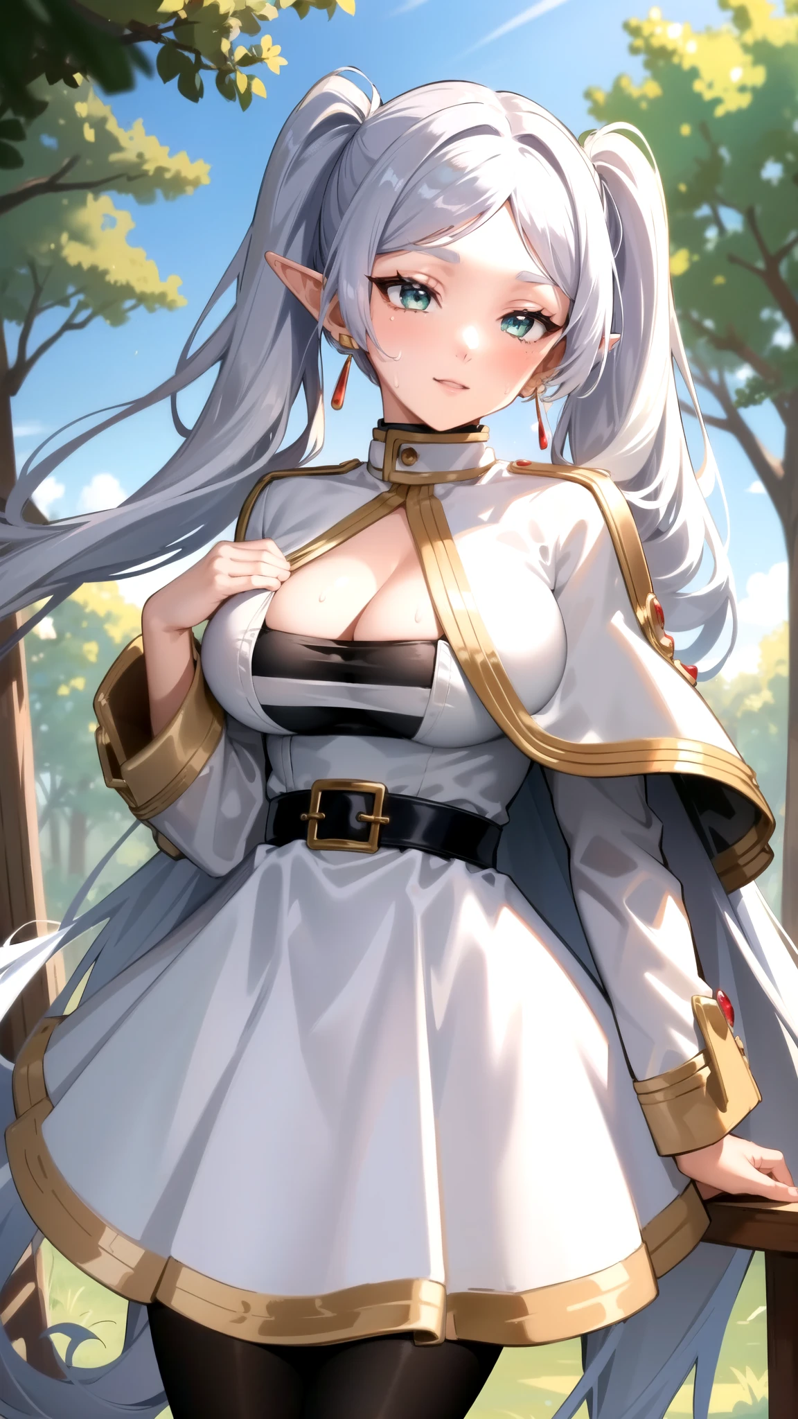 big breasts, cleavage, (masterpiece, best quality), intricate details, 1 girl, frieren, long hair, pointed ears, jewelry, earrings, twin tails, long sleeves, cape, white cape, dress, parted bangs, white dress, belt, pantyhose
sweating, open air, forest, warm, happy