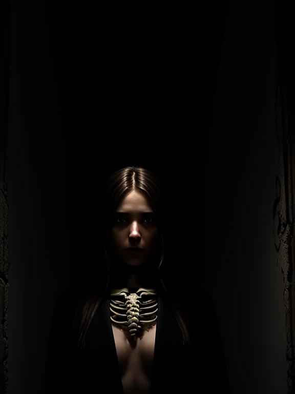 (best lighting, high contrast, clarity, dramatic), (Brunette girl next to a giant black skeleton, intrigue, human bones, blood on the walls). ultra realistic, excellent quality