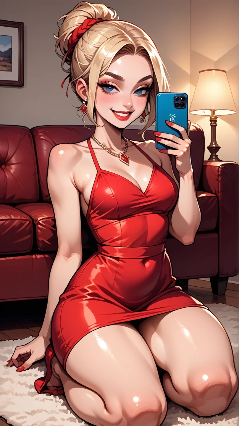   portrait of a blond French woman from the 1920s, 1960 style hairstyle  , smile, Blonde hair,   short red vintage dress  ,  full legs, sitting on the living room floor ,  take a selfie like a smartphone , thick thighs , sensual pose,    half-closed eyes ,( living room with antique furniture , soft and dark light : 1.2)