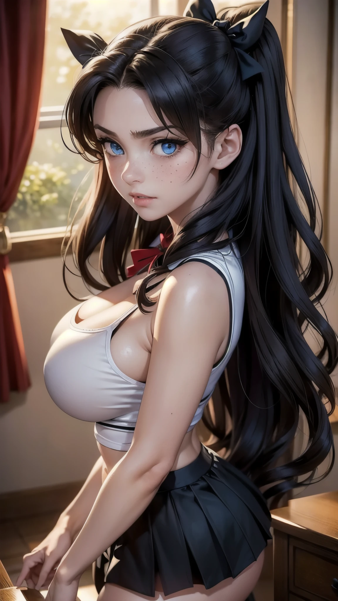 cleavage, big breasts, (masterpiece, best quality, recruitments, high resolution: 1.2, 4k, 8k, high quality), highly detailed, realistic, intricate details, high resolution, 1 girl, solo, red long hair, blue eyes, blush, freckles, (big breasts, thick thighs, wide hips), arched back, (cinematic lighting, sunlight, perfect lighting, backlighting), eye level shot, extreme close-up, mischievous look, looking at viewer, rin_tohsaka_ecsta, tohsaka rin, hair bow, black hair, blue eyes, black bow, black sweater, black mini skirt,