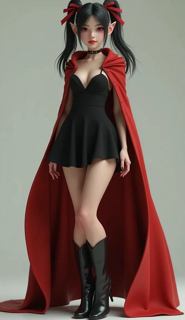 Super realistic illustration, Cinema 4D rendering, 1 girl, solo, full body, vampire fanged mouth, smile, black hair, short ponytail with red ribbons, red eyes, beautiful eyes with snake pupils, pointy ears, black sundress with red cloak, high leather boots, simple background