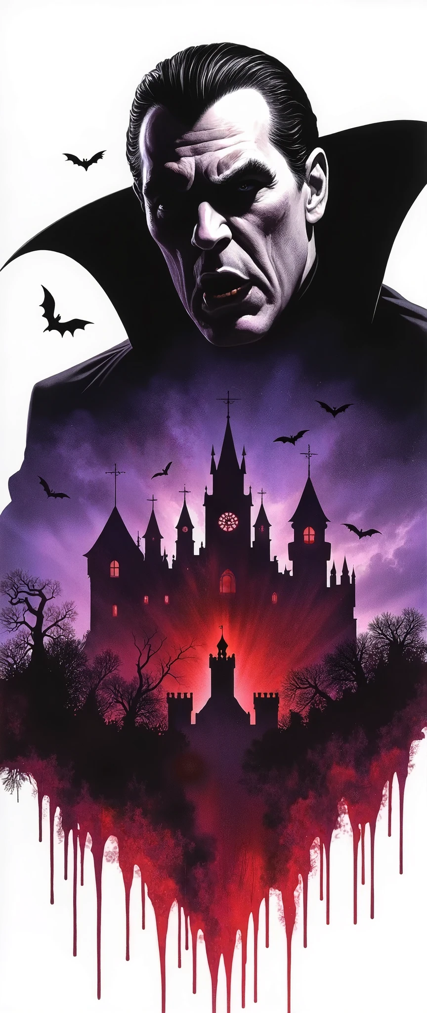 (masterpiece:1.2,Exceptional Quality,Mirror-like, A Cinematic Experience , best illustration:2.0,Super detailed.2.0),16k,wallpaper,(The giant Count Dracula, with his fangs exposed, and Bran Castle overlap seamlessly:2.0),(Double exposure:2.0), Bats ,( Designs based on white and black and purple and red:2.0),(American comic book style illustration:2.0),("Vampire"Draw text in the center of the screen that looks like blood is dripping:2.0),( Beautiful Gradients :2.0),(The background is purple:2.0)