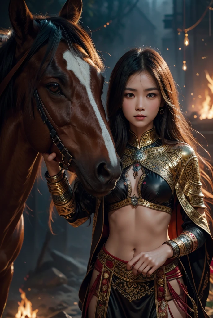 Digital art style mixed with oriental Thai art, which emphasizes delicate decorative details and the use of bright, warm colors. This image shows the connection between people and animals. The female model wears intricately warrior with black cover the horse is also decorated with intricately detailed armor accessories, feels calm atmosphere and conveys the closeness between people and animals,UHD 8K --S800 RAW