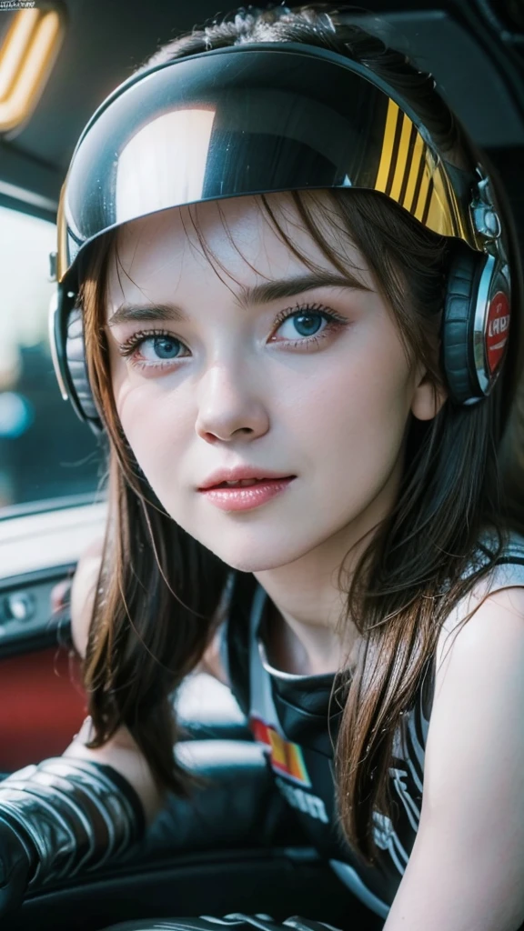  close-up of a woman wearing a helmet and a close-up of a woman wearing a helmet,  2 0 2 1 Cinematic 4K Frame Grab , Barbarella, Anna Katharina Block, cockpit fighter pilot, Sulky : : Wes Anderson, Retro Photography, Enraged beautiful woman, 1960s, Faster, Awarded at cgsociety, Pompadour, Nascar, Photo taken in 2015  