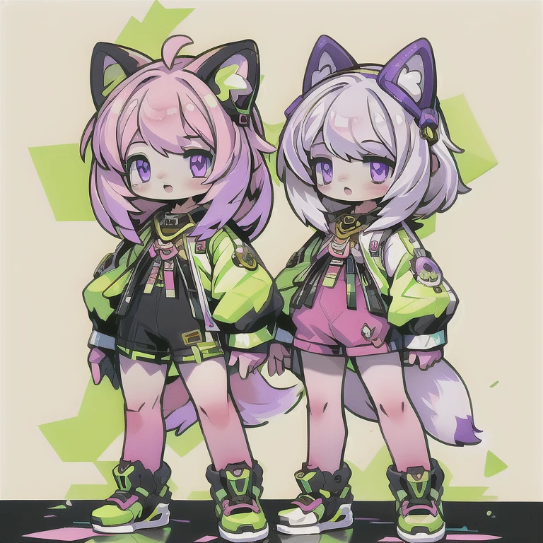  anime-style image of  (((Two girls with fox ears and purple eyes ))) And pink and yellow hair with an open mouth,  conceptual art  by Kamagurka, pixiv, hairy art,  full body commission for ,  feminine furry mini fluffy style , cute art style, em alta no artstation pixiv, moon themed outfit, symmetry!!  conceptual art , jazza e rossdraws,  high quality anime art style . white background.