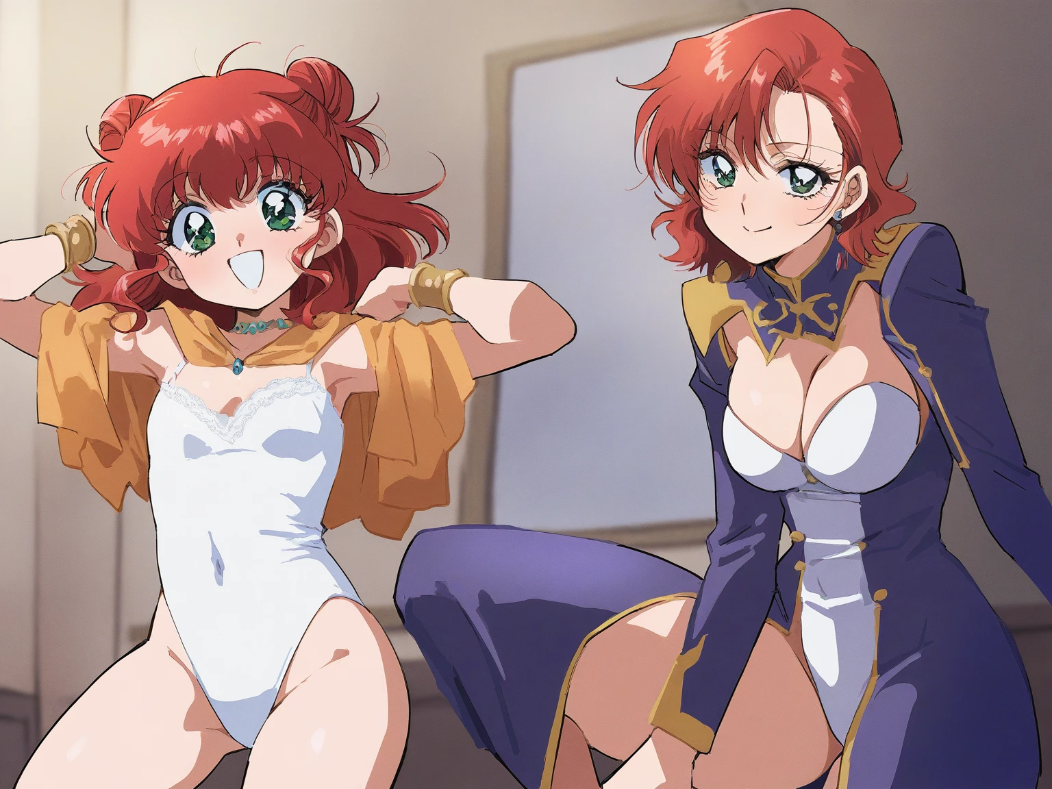 fantasy theme, 80s anime style, 
1girl, intricate high detailed, loli_face,
red hair, short hair, messy twin bun, 
green eyes,  
slender, medium breasts, 
neckwear, white lace leotard with sleeves, 
jewelry, accessories, 
happy smile, 
sexy pose, 
cowboy shot, 
indoors, castle
(nishida asako:0.9), (simoun:0.9), (by yag:0.9), (kimura takahiro:0.9), (aoi nagisa \(metalder\):0.8), 
(mucha \(muchakai\):0.9), (sakura yuki \(clochette\):0.8), (na tarapisu153:0.8), 
masterpiece, best quality, intricate high detailed, ultra-detailed, 