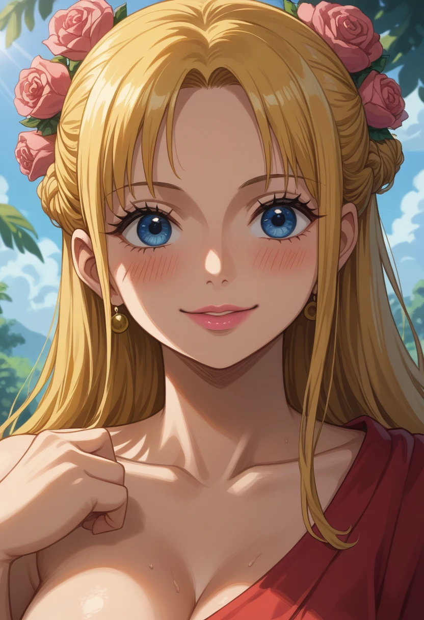  anime style one piece , Female character,  light blond hair is very long and smooth and shines like gold under sunlight, beautiful light blue eyes , Necessary,  High resolution,  Beautiful face with attention to detail , (cute smile), charme, innocent, Blush, pink lips, face and shoulders.