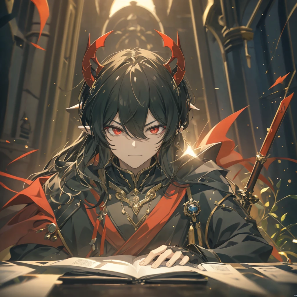 an old man is the demon king,  long black hair, straight hair, Brown Skin,  long bangs , Elf Ears, narrow red eyes, smirking face, Official Art、 best quality、 unity 8k Wallpaper 、32K、masterpiece、Super detailed, Male nose, Male Eyes , Male outline ,  male skeleton , inside the castle of the demon king, wearing black and red wizard robes, Castle interior background, Use dark magic,  ridiculously high resolution background with a thousand magic knights, multiple bats , Diffuse reflection of light ,