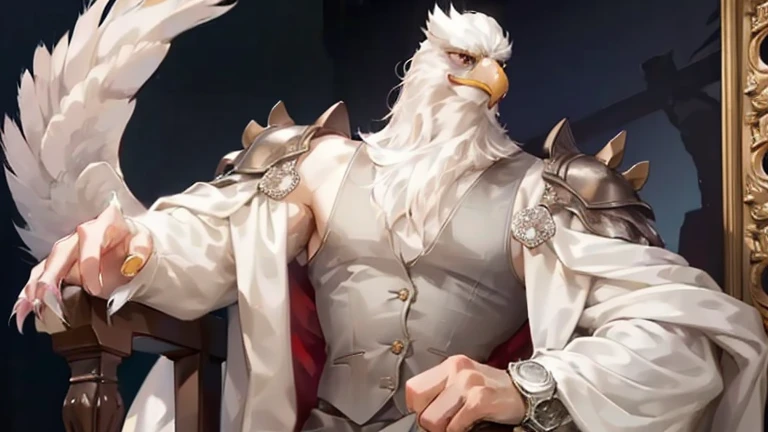 1boys, ((Beauty Eagle anthro)), Solo, White Feathers, Fluffy Long Feathers, White Skin, ((((Eagle Beak)))), Claws, ((White Feathered Hands & Fingers With Claws)), (Long coat:1.2), Vintage Flower Shackle, Old Age, A high resolution, 8K high-definition, (((extremy detailed face & eyes & hairs & body & clothing))), Slim Muscle Body, Should Wear Pink Suit for Wizard, In the Street Milk Farm, City landscape, Gothic, Drinking Milk, Milk Cup, Siting on Sex Machine Chair, Spilling Out His Milk,