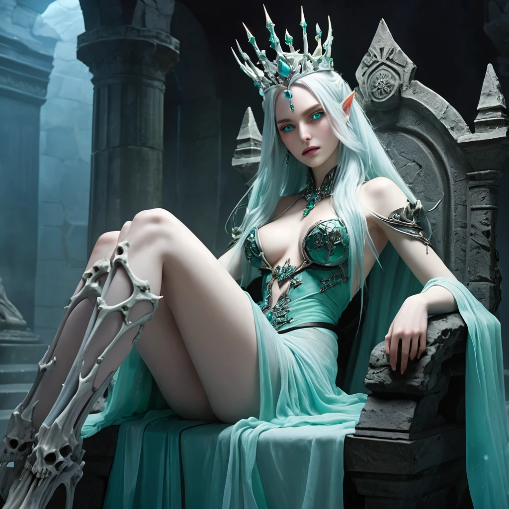 (charming lich queen, ancient sorceress, undead beauty, enigmatic recline, captivating gaze, dark fantasy, high quality, ultra-realistic, score_9, score_8_up, score_7_up)

Prompt:
Create a full-body view of a charmingly powerful Lich Queen seated in an enigmatic recline on a crumbling stone throne. Her body is slightly angled, one arm resting on the back of the throne as she casts a sidelong, captivating glance with a raised brow. Her porcelain-white skin and intense glowing green or icy blue eyes exude an air of mystery, with a faint, alluring smile that draws the viewer in.

Her long, flowing silver hair cascades around her, crowned with a bone or obsidian tiara adorned with glowing crystals. She wears a dark, elegant robe with skeletal motifs, which drapes gracefully over her form, adding to her regal allure. The background features a shadowy crypt, with ancient stone pillars and faint mist, while soft, eerie lighting casts highlights, creating a supernatural glow around her.