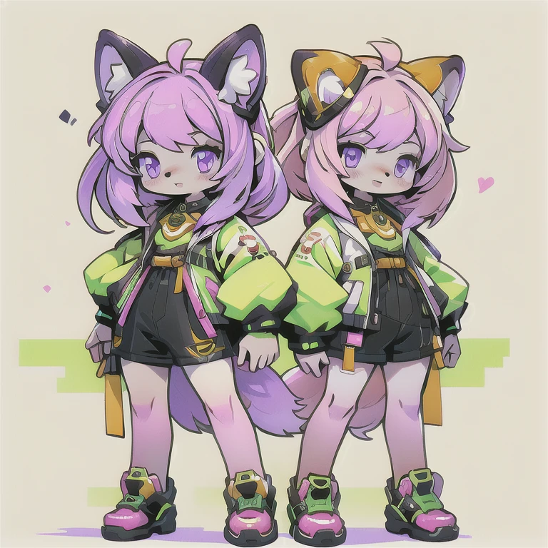  anime-style image of  (((Two girls with fox ears and purple eyes ))) And pink and yellow hair with an open mouth,  conceptual art  by Kamagurka, pixiv, hairy art,  full body commission for ,  feminine furry mini fluffy style , cute art style, em alta no artstation pixiv, moon themed outfit, symmetry!!  conceptual art , jazza e rossdraws,  high quality anime art style . white background.