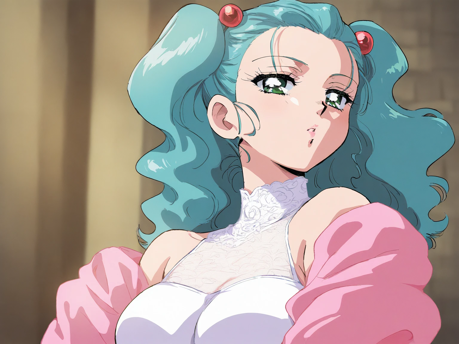 fantasy theme, 80s anime style, 
1girl, intricate high detailed, ****_face, 
aqua hair, (forehead, hair slicked back:1.2), twintails, wavy hair, 
green eyes, cute lips, 
slender, large breasts, 
neckwear, white lace leotard with sleeves, 
jewelry, accessories, 
ennui, sexy face, 
sexy pose, 
cowboy shot, 
indoors, castle 
(nishida asako:0.9), (simoun:0.9), (by yag:0.9), (kimura takahiro:0.9), (aoi nagisa \(metalder\):0.8), 
(mucha \(muchakai\):0.9), (sakura yuki \(clochette\):0.8), (na tarapisu153:0.8), 
masterpiece, best quality, intricate high detailed, ultra-detailed, 