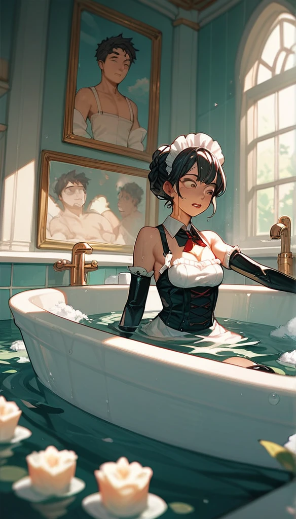 Anime Women,  maid clothes, Thigh boots drowning in the bath, elbow gloves, A boy looks into the bath, and a woman presses the back of the boy's head with both hands to submerge him in the bath.