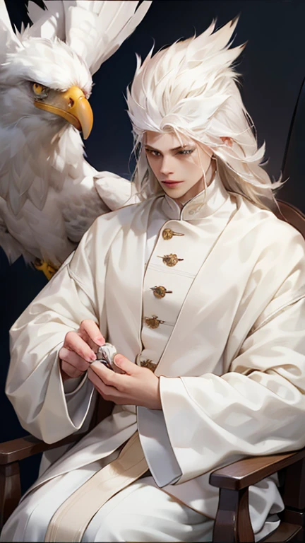 1boys, ((Beauty Eagle anthro)), Solo, White Feathers, Fluffy Long Feathers, White Skin, ((((Eagle Beak)))), Claws, ((White Feathered Hands & Fingers With Claws)), (Long coat:1.2), Vintage Flower Shackle, Old Age, A high resolution, 8K high-definition, (((extremy detailed face & eyes & hairs & body & clothing))), Slim Muscle Body, Should Wear Pink Suit for Wizard, In the Street Milk Farm, City landscape, Gothic, Drinking Milk, Milk Cup, Siting on Sex Machine Chair, Spilling Out His Milk,