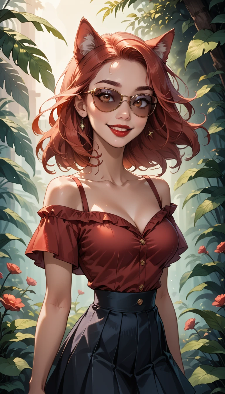  medium breasts , 1 , ((light red hair)) ((wolf girl)), (sunglasses),  has a beautiful and sensual body ,  with full breasts and a thin waist , and an extremely sexy body, HIP HOP PLEATED SKIRT  ,  Drop-shoulder red blouse , has a bold look. Young, quality, realistic, best quality, cute expression ,  lips with red lipstick ,  Beautiful smile of a girl in love, , open air,  beautiful and with a romantic setting 
