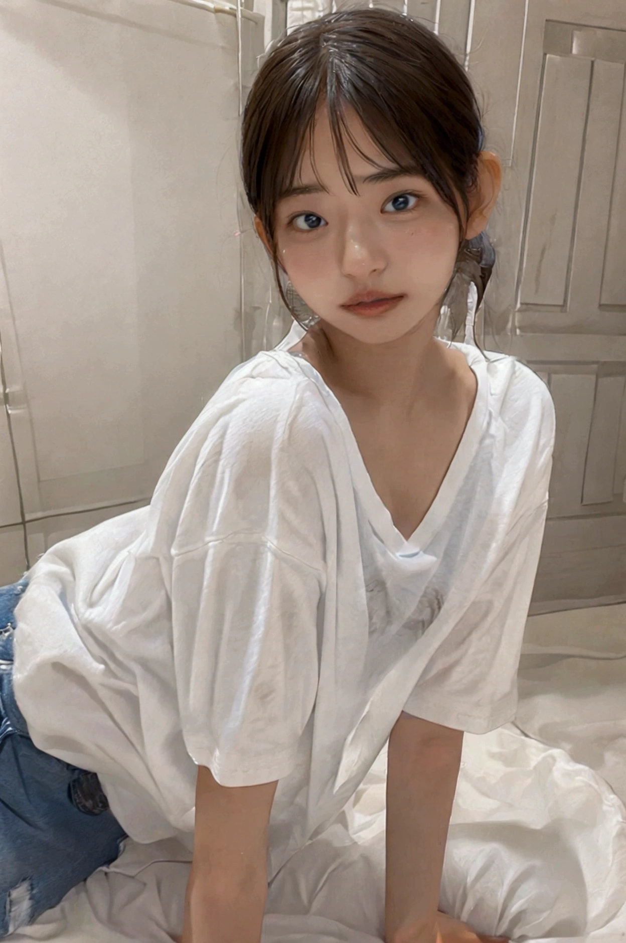  1 girl,   White T-Shirts 、ハーフDenim on all fours