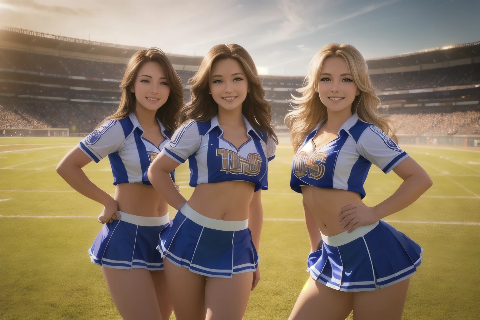 close up, 6 Women soccer team players, wearing the same color, different women, stadium background, 3d realistic anime,