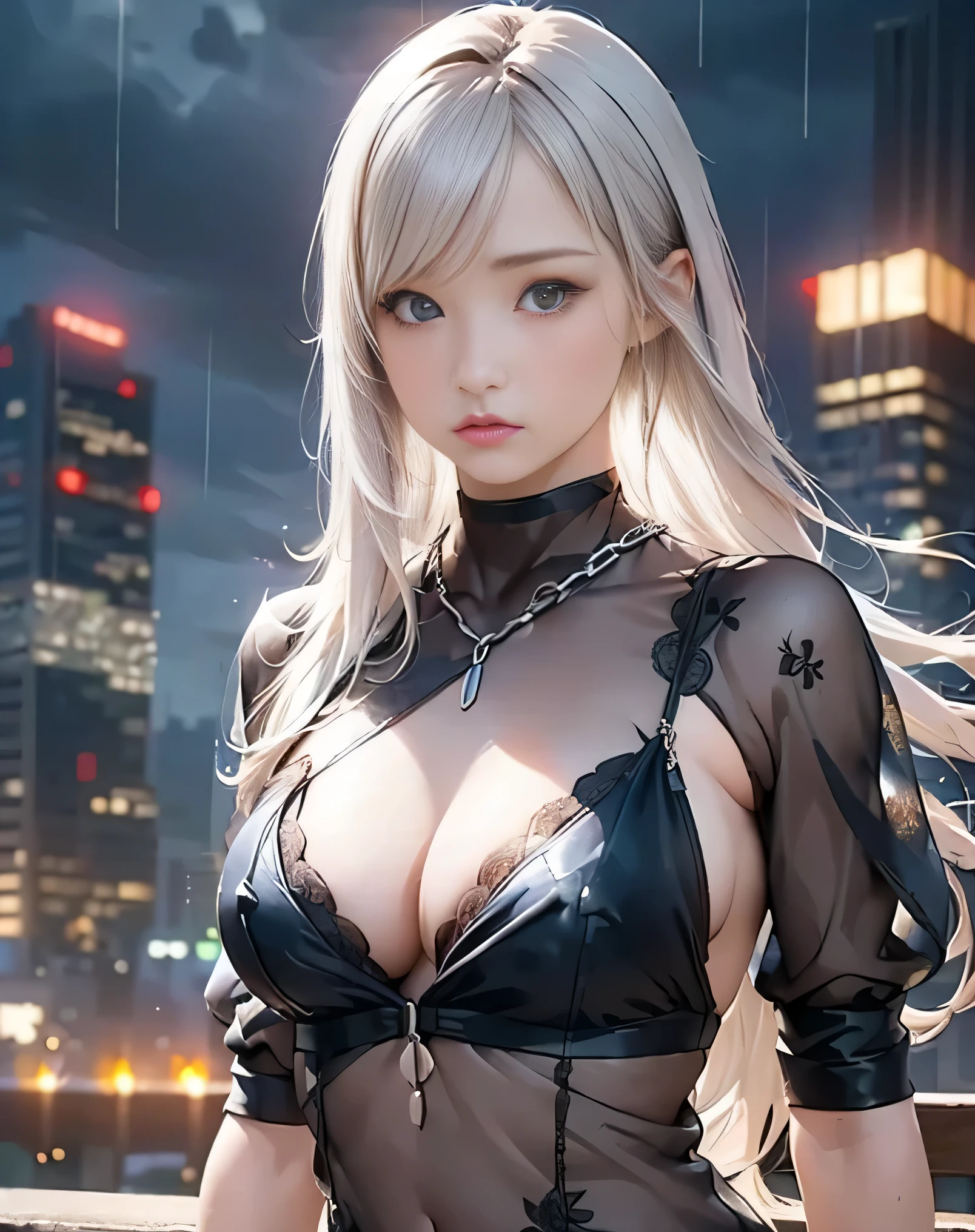 (Realistic:1.8),(High resolution:1.6),(1 girl:1.5),(solo:1.5),(Cool woman:1.2),(small face),(look at viewer:1.2),(silver hair),(long hair),(bangs:1.3),(slender),(large saggy breasts:1.5),(Cleavage Emphasis),(Future cyberpunk City1.3),(Skyscrapers),(night),(Rain Clouds),(Detailed eyes),(Accurate eyes),(Black-eyes),(Wide eyes),(Realistic eyes:1.3),(skin tight),(Sheer White night dress:1.2), lace, Frill, mesh,(Sheer:1.9),(See-through:1.9),(cyberpunk),protector,(Showgirl),(gallant:1.3),(sexy:1.5),(chain),(Serious expression)