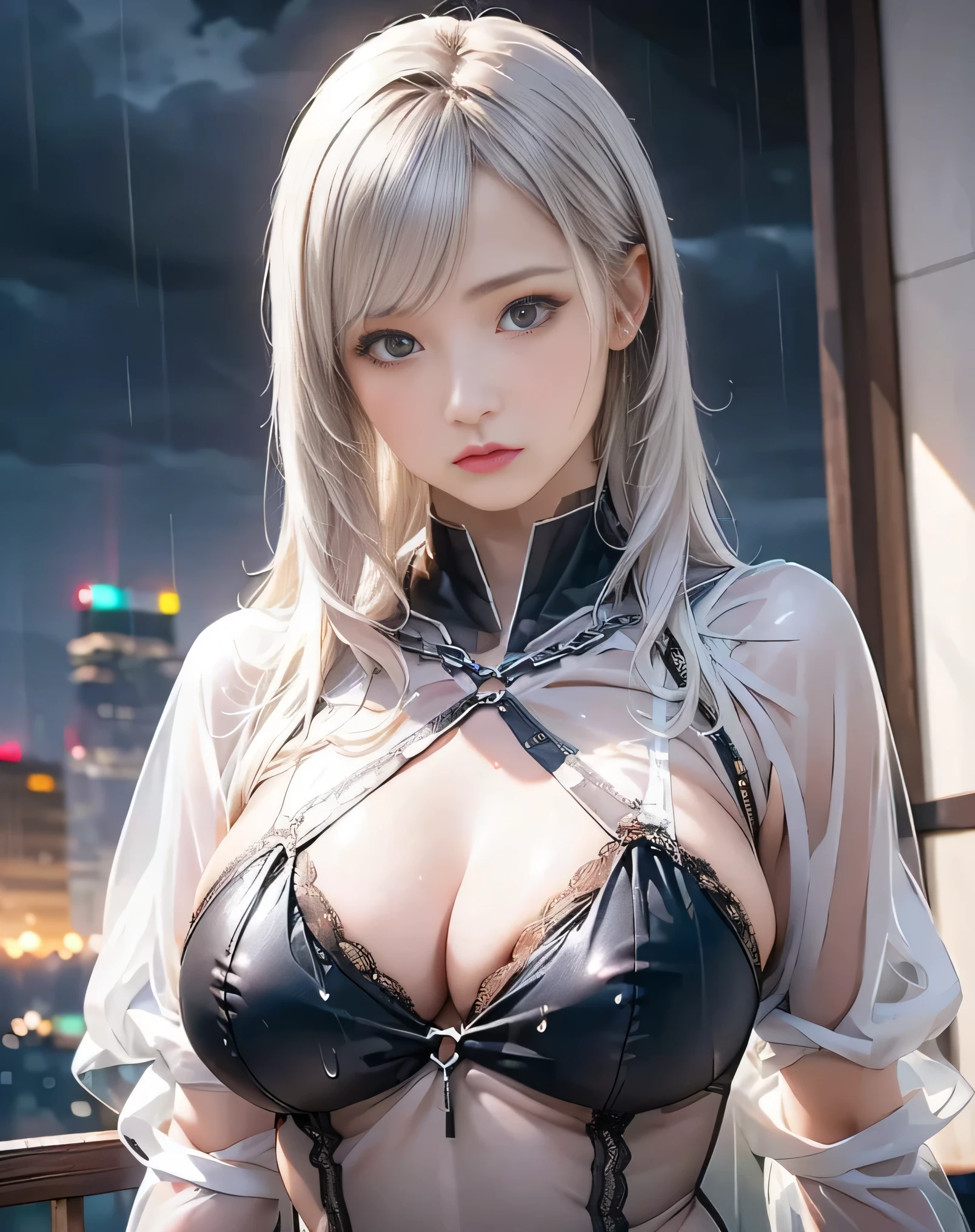 (Realistic:1.8),(High resolution:1.6),(1 girl:1.5),(solo:1.5),(Cool woman:1.2),(small face),(look at viewer:1.2),(silver hair),(long hair),(bangs:1.3),(slender),(large saggy breasts:1.5),(Cleavage Emphasis),(Future cyberpunk City1.3),(Skyscrapers),(night),(Rain Clouds),(Detailed eyes),(Accurate eyes),(Black-eyes),(Wide eyes),(Realistic eyes:1.3),(skin tight),(Sheer White night dress:1.2), lace, Frill, mesh,(Sheer:1.9),(See-through:1.9),(cyberpunk),protector,(Showgirl),(gallant:1.3),(sexy:1.5),(chain),(Serious expression)