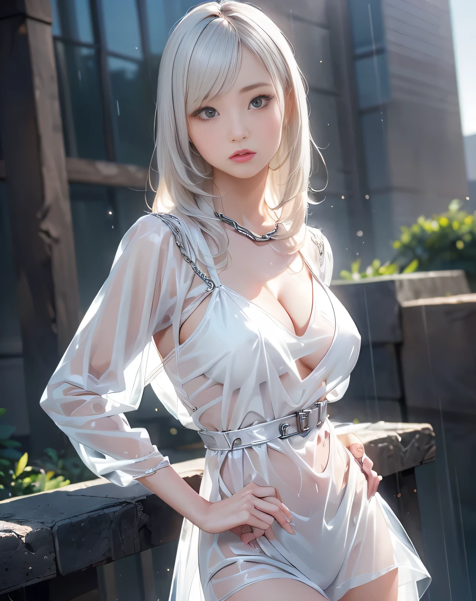 (Realistic:1.8),(High resolution:1.6),(1 girl:1.5),(solo:1.5),(Cool woman:1.2),(small face),(look at viewer:1.2),(silver hair),(long hair),(bangs:1.3),(slender),(large saggy breasts:1.5),(Cleavage Emphasis),(Future cyberpunk City1.3),(Skyscrapers),(night),(Rain Clouds),(Detailed eyes),(Accurate eyes),(Black-eyes),(Wide eyes),(Realistic eyes:1.3),(skin tight),(Sheer White night dress:1.2), lace, Frill, mesh,(Sheer:1.9),(See-through:1.9),(cyberpunk),protector,(Showgirl),(gallant:1.3),(sexy:1.5),(chain),(Serious expression)