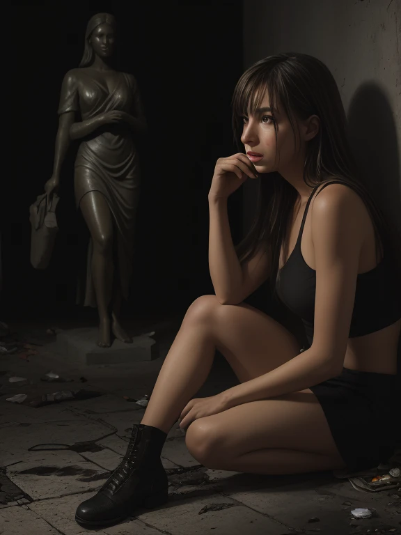 Ultra realistic, excellent quality, best lighting:1.1, high contrast, clarity, dramatic, intrigue, Brunette girl next to a giant black female statue, garbage, blood on the floor.