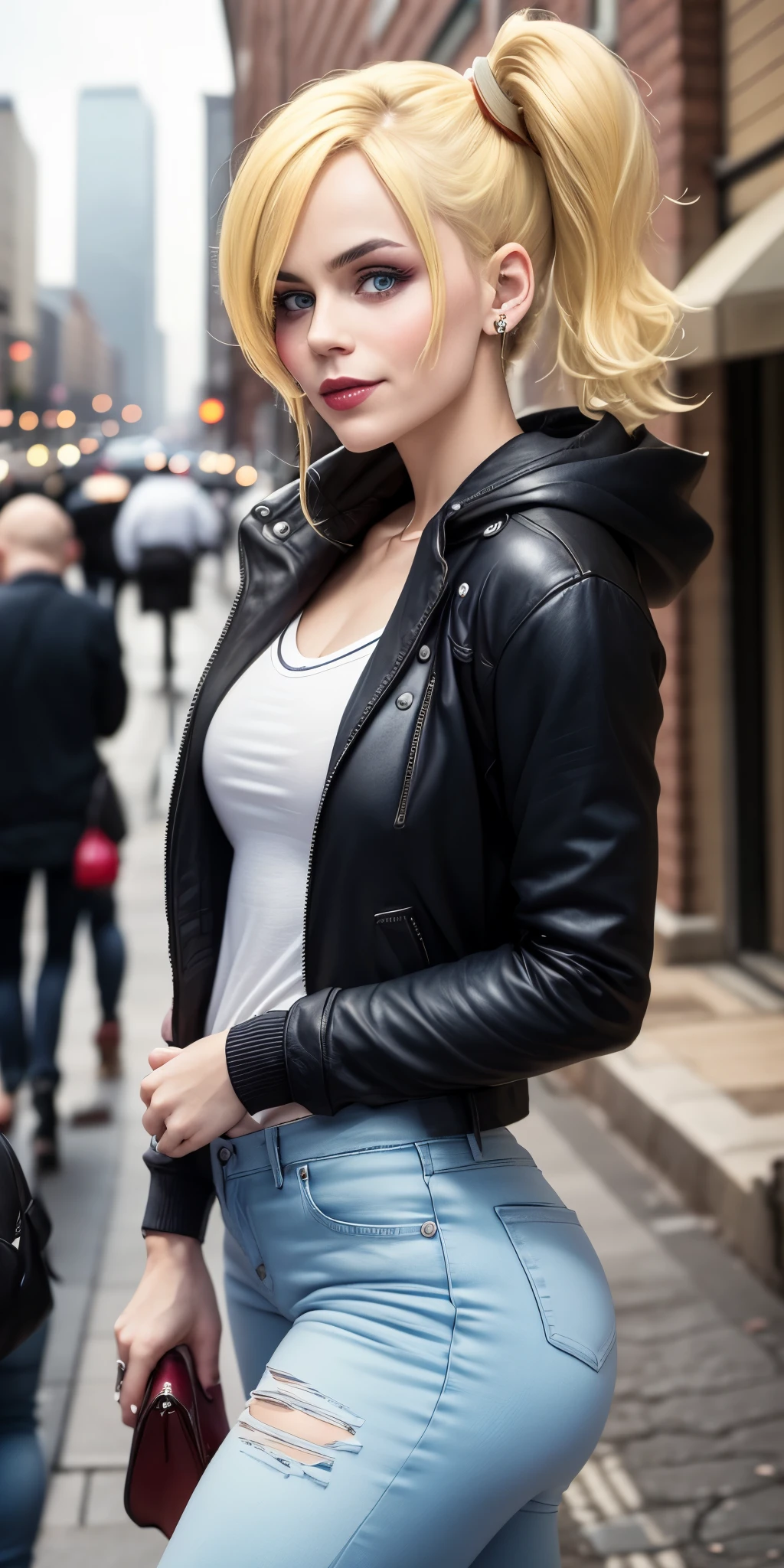 Harley Quinn, makeup, a young woman standing in the center of a city street, she is positioned directly in front of the camera, with her body slightly angled towards the viewer, her blue eyes are looking straight at the viewer with a neutral expression, her blonde hair is styled in two high ponytails, with one on top of the other, and she wears a red and black zip-up hoodie, a white t-shirt, and blue jeans, the background features a blurred city street with buildings on either side and a few pedestrians walking on the sidewalk, the overall atmosphere is urban and slightly blurred, giving the image a dreamy feel, A close-up shot of a young woman with blonde hair, her eyes are looking straight at the camera. Her hair is styled in two high ponytails that are visible on either side of the street. The background shows an urban area with buildings and trees. There is a blurry view of the skyline above her head. It is daytime, as everything can be seen clearly., masterpiece, best quality, very aesthetic, absurdres