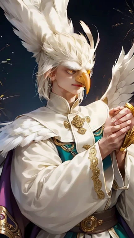 1boys, (Beauty Eagle anthro), Griffon, Solo, White Feathers, Fluffy Long Feathers, White Skin, ((((Eagle Beak)))), Long Claws, ((White Feathered Hands & Fingers With Claws)), (Long coat:1.2), Vintage Flower Shackle, Old Age, (((Ultra detailed face & eyes & hairs & body & clothing))), Slim Muscle Body, Should Wear Pink Suit for Wizard, Thin Gloves, Gently Boots for Wizard, Gothic, He Is Snapping, Light Green Wallpaper With Gold Eagle Emblem, Magic library, Airing Magic Books, FireWorks,