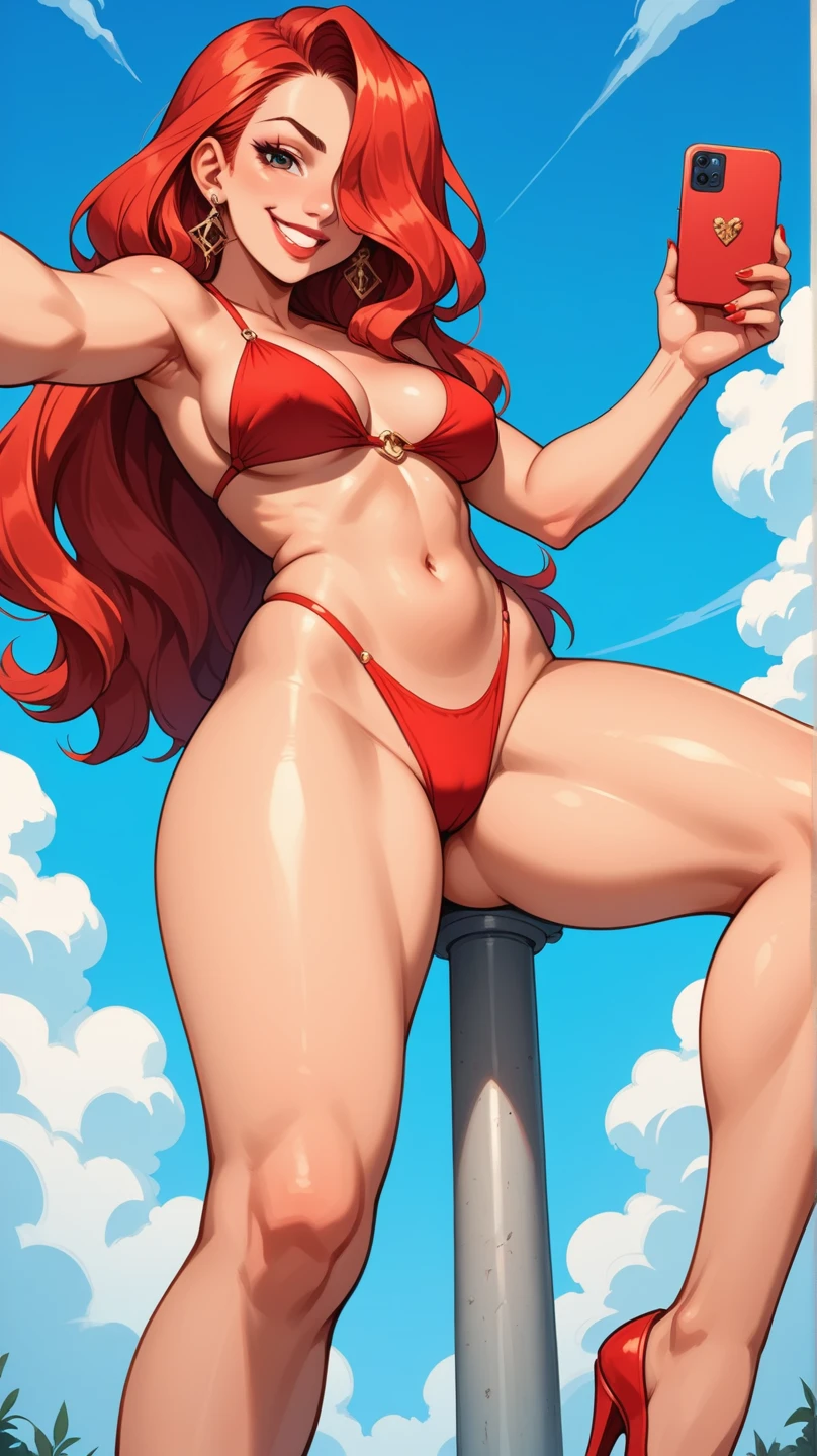 score_9, score_8_below, score_7_below, score_6_below, beautiful woman, 18 years old, ,long red hair,(  hair covers an eye ). Sensual, smile, long hair ,  big boobs, beautiful legs,  thick thighs ,red bikini,  full legs, knee,  smile,Alone,Selfie,  bottom angle .perfect anatomy.blue sky background, 