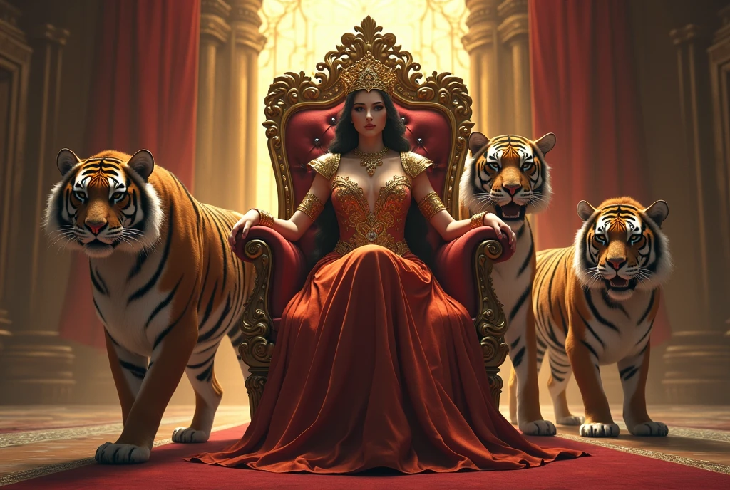 A woman sitting on a throne, with two giant tigers guarding her