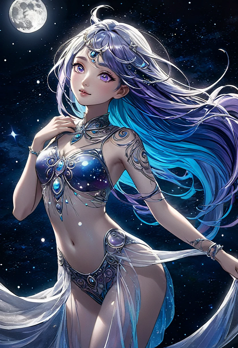 * Lunar Tattoos: Luna's body is adorned with intricate, glowing tattoos that resemble phases of the moon and celestial bodies. These tattoos change color and intensity depending on her emotional state. * Lunar Hair: Her hair is a shimmering, iridescent hue that shifts between shades of blue, purple, and silver. It can also glow in the dark. * Otherworldly Eyes: Luna's eyes are a deep, inky black that seem to absorb light. They can sometimes glow with a faint, ethereal light. Body: Luna has a slender, athletic build with long, lean limbs. Her skin is a pale, almost translucent shade that seems to glow slightly in the dark. Her movements are fluid and graceful, like a dancer. Attire:nude pose: is standing on the top rope, her body arched backward. She is looking up at the ceiling, her eyes filled with a sense of wonder and awe. Her arms are outstretched, her fingers brushing the canvas. The crowd below is silent, captivated by her ethereal beauty and daring athleticism. ((​masterpiece、top-quality、ultra-definition、hight resolution))、4K picture quality