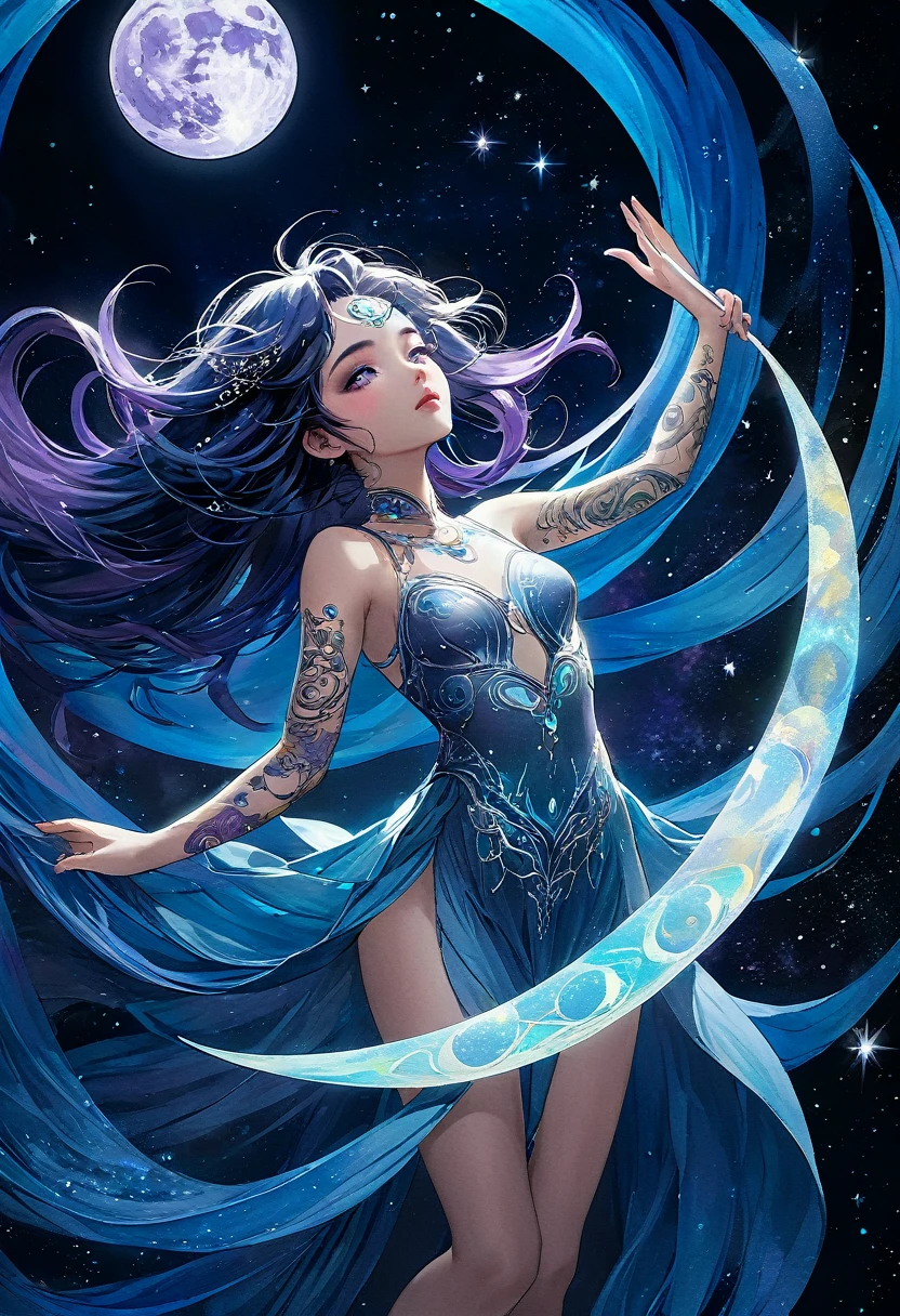 * Lunar Tattoos: Luna's body is adorned with intricate, glowing tattoos that resemble phases of the moon and celestial bodies. These tattoos change color and intensity depending on her emotional state. * Lunar Hair: Her hair is a shimmering, iridescent hue that shifts between shades of blue, purple, and silver. It can also glow in the dark. * Otherworldly Eyes: Luna's eyes are a deep, inky black that seem to absorb light. They can sometimes glow with a faint, ethereal light. Body: Luna has a slender, athletic build with long, lean limbs. Her skin is a pale, almost translucent shade that seems to glow slightly in the dark. Her movements are fluid and graceful, like a dancer. Attire:nude pose: is standing on the top rope, her body arched backward. She is looking up at the ceiling, her eyes filled with a sense of wonder and awe. Her arms are outstretched, her fingers brushing the canvas. The crowd below is silent, captivated by her ethereal beauty and daring athleticism. ((​masterpiece、top-quality、ultra-definition、hight resolution))、4K picture quality