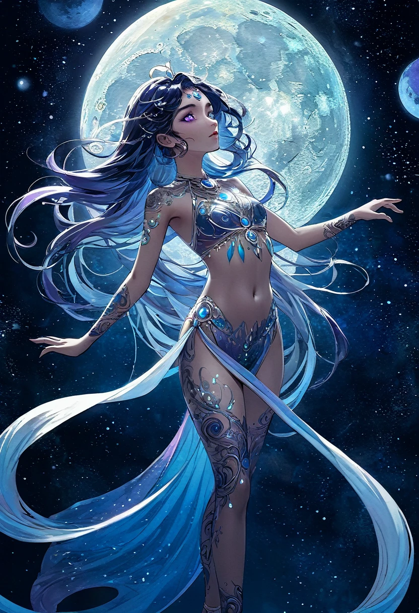 * Lunar Tattoos: Luna's body is adorned with intricate, glowing tattoos that resemble phases of the moon and celestial bodies. These tattoos change color and intensity depending on her emotional state. * Lunar Hair: Her hair is a shimmering, iridescent hue that shifts between shades of blue, purple, and silver. It can also glow in the dark. * Otherworldly Eyes: Luna's eyes are a deep, inky black that seem to absorb light. They can sometimes glow with a faint, ethereal light. Body: Luna has a slender, athletic build with long, lean limbs. Her skin is a pale, almost translucent shade that seems to glow slightly in the dark. Her movements are fluid and graceful, like a dancer. Attire:nude pose: is standing on the top rope, her body arched backward. She is looking up at the ceiling, her eyes filled with a sense of wonder and awe. Her arms are outstretched, her fingers brushing the canvas. The crowd below is silent, captivated by her ethereal beauty and daring athleticism. ((​masterpiece、top-quality、ultra-definition、hight resolution))、4K picture quality