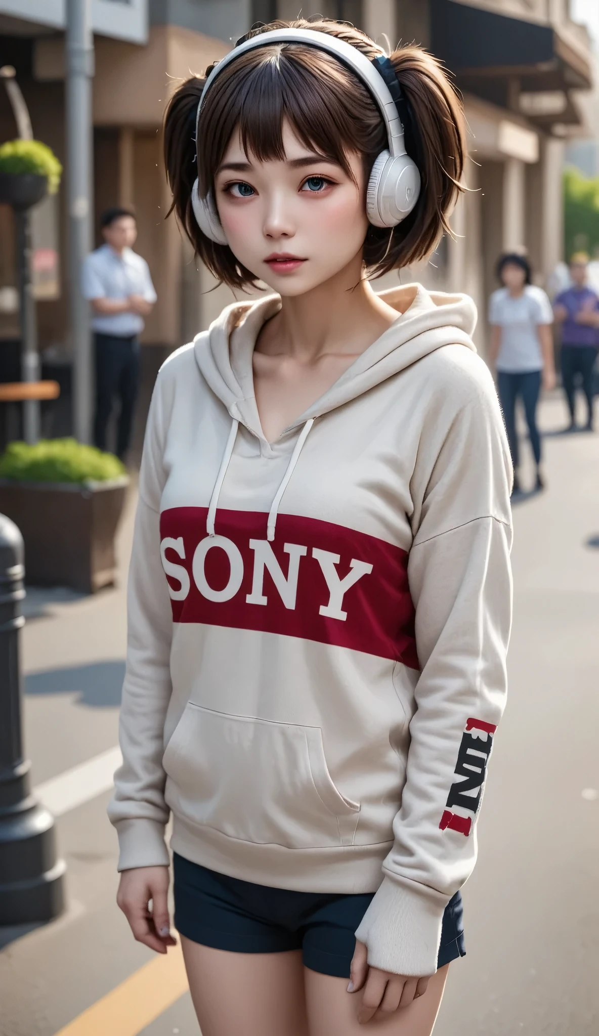 sonyの headphonesを着用している:1.5、 headphones、 one girl playing pranks、Magical Girl、 COMPLETE ANATOMY、 small face、Fuller lips、Brown Hair、Distinctive hairstyle、A look of doubt、Modern hoodie、 knee socks、(((Blurred Background、Street Corner、day々View of)))、 inverted nipples 、 high definition、 high definition、 cinematic lighting 、Professional Photographer