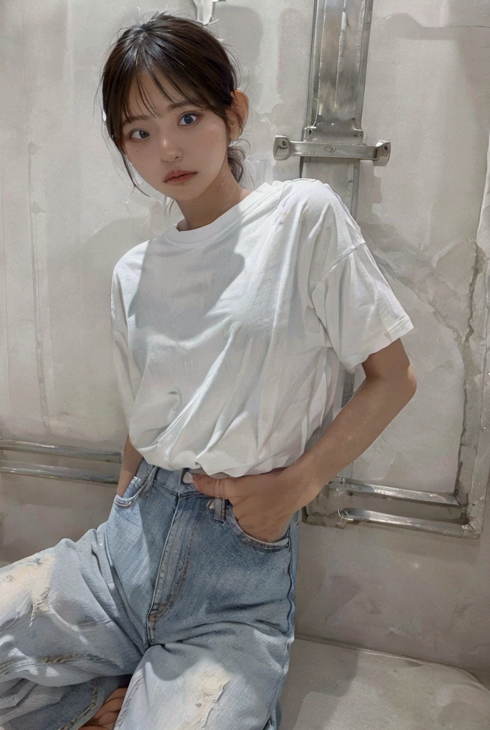  1 girl,   White T-Shirts 、ハーフDenim on all fours