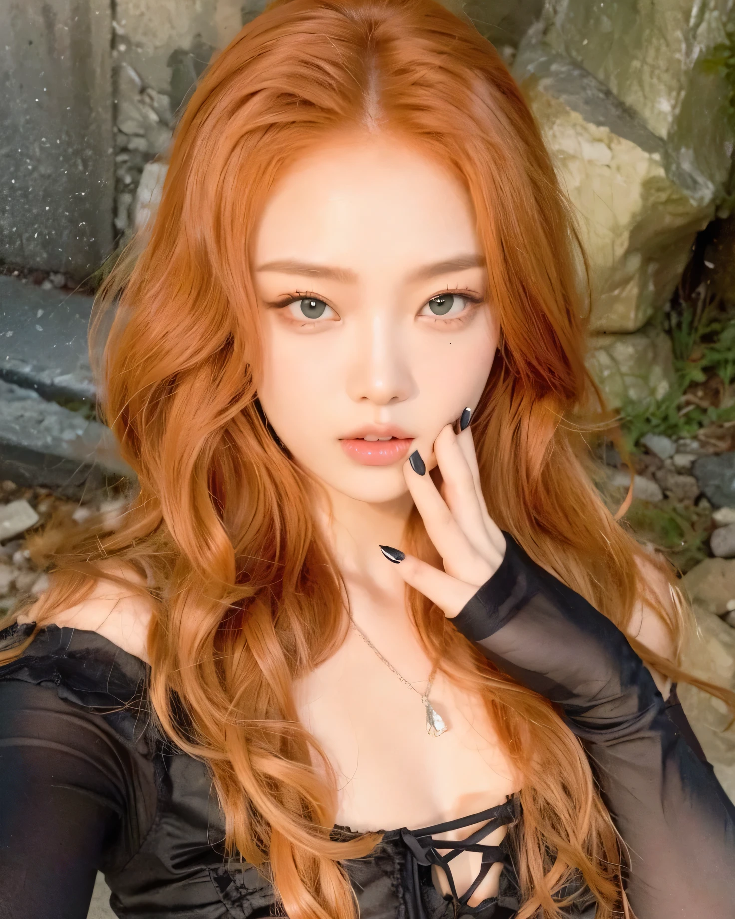 alta resolución,  orange hair ,  Change her face for Jennie Kim, Jennie Backpink Rubor, green eyes, nails 