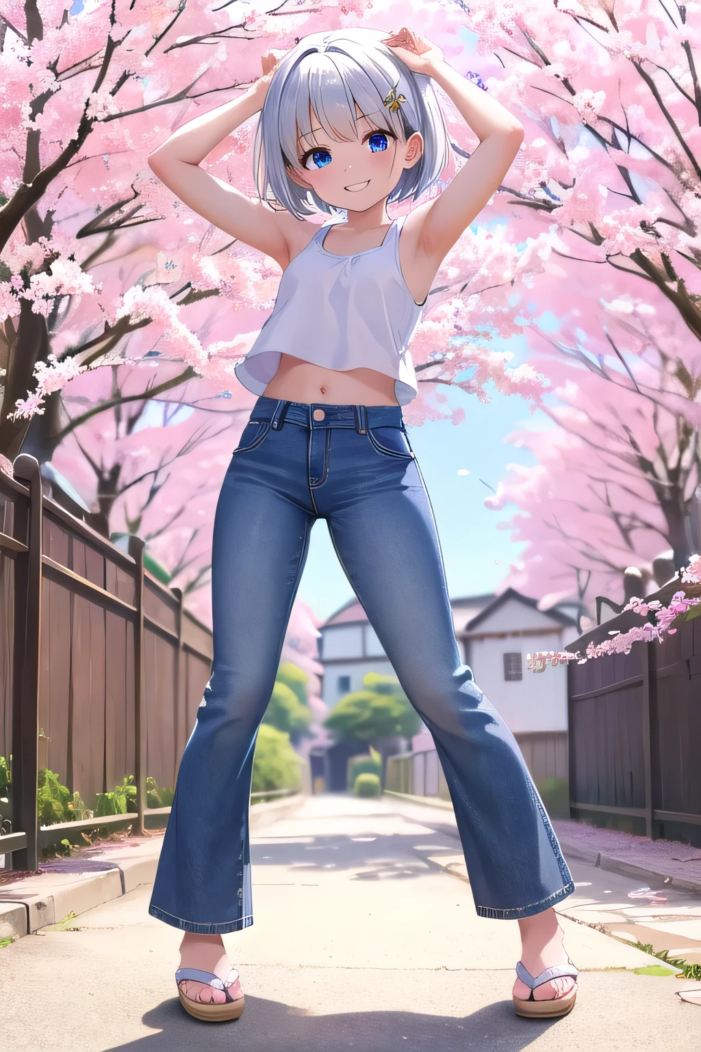 masterpiece,best quality,ultra detail,1girl, ****,petite,smile happy, sakura garden, shining, sunny, cloud, short hair, blue eyes, silver hair, hair ornament, ribbon hair ornament, Raise your arms and behind your head,White teeth, White Tank tops, White Crop tops, jeans pants, (flares jeans 1:1), blue jeans, Slippers, (((full body))), legs full stretched out,