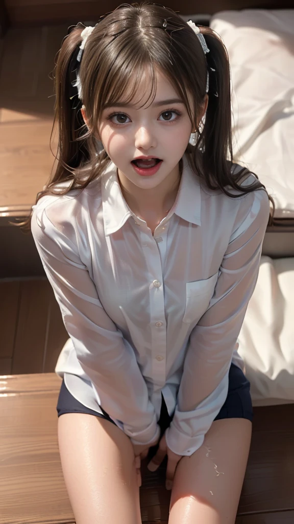 (((Best Quality))), ((masterpiece)), ( Details), ((solo)), ((((((High school girl in school uniform)))))), (((((Wet face and skin))))), (Pure white skin), (((Angle of view that includes face and whole body))), ((( well-groomed face))), Big Eyes, ((((((((Droopy eyes)))))))), ((Closer Eyes)), ((Glowing skin)), ((((( correct anatomy))))), (((((( open crotch )))))), (((((Delicate and thin thighs))))), ((((Stylish bangs)))), ((Stylish hairstyle)), (((Slender and slim lower body))), (((((((( characters with open mouth )))))))), (((((( angle from above)))))), (((((Broken Seiza))))), (((Cheek))), (((Showing tongue))), chest, (( close-up)), ( DSLRs That Turned 50), ((( RAW Photos))),  curvy , ((((Baby Face)))), (((((((White collared shirt))))))), (((((Twin tails))))), (((bed))),  tilt neck,