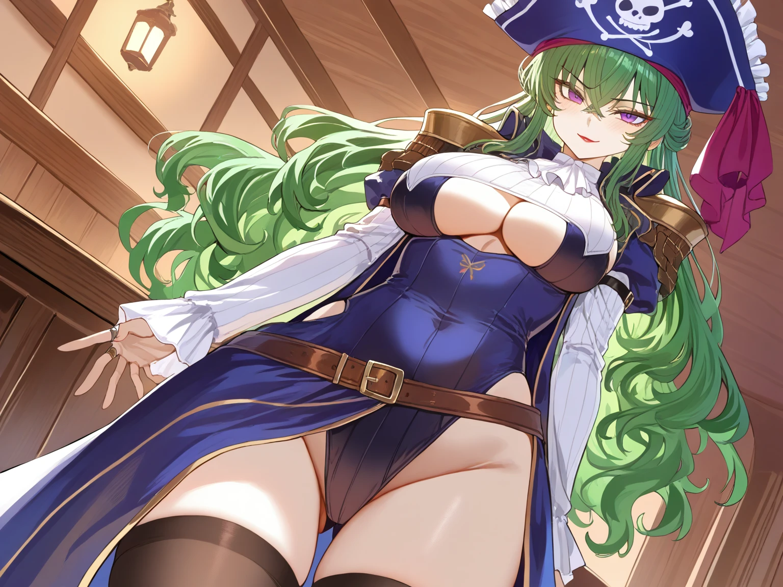 "1girl, solo, 
green hair, crossed bangs, ponytail, wavy hair, pirate hat, 
purple eyes, tsurime, (red lips:1.1), make up, eyeliner, long eyelashes, 
(narrow waist:0.8), medium breasts, sagging breasts, 
embroidery, pirate leotard armor, shoulder pads, underboob cutout, breast curtains, 
arm strap, ring, thighhighs, 
smirk, 
standing, contraposto, 
dutch angle, cowboy shot, 
indoors, tavern, 
(aoi nagisa \(metalder\):0.8), (honjou raita:0.8), (mucha \(muchakai\):0.8), (dishwasher1910:0.8), (na tarapisu153:0.8), (club3:0.9), (taesi:0.9), 
(kakiman:0.9), (melon22:0.9), (pija \(pianiishimo\):0.9), (hero neisan:0.9), (code geass:0.7), 
masterpiece, best quality, intricate high detailed, ultra-detailed, "