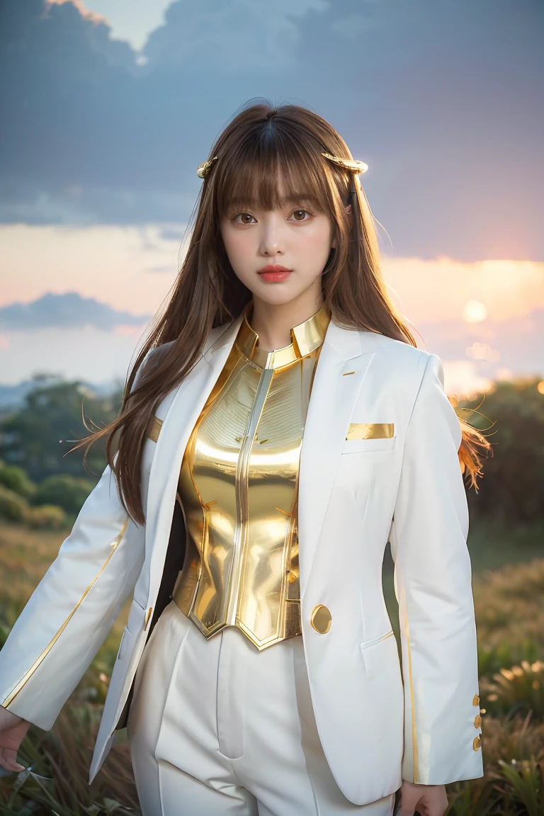 ((masterpiece, best quality, Extremely detailed), Volumetric Lighting, Ambient Occlusion, rich and colorful, Luminescence), 1 Girl, Solitary, Young Girls, (Chestnut bangs), Long hair, Halo, Halo, sacred, goddess, Priesthood, (White suit with gold details:1.3), armor, outdoor, Sunset, Sky, cloud, space, (Fantasy theme:1.2),