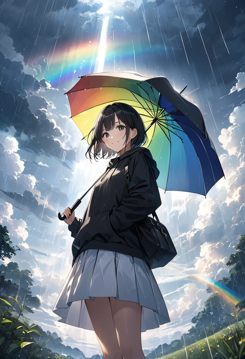 Anime、((Surprisingly bizarre )),(masterpiece:1.2),超 high definition,  Attention to Details, High image quality,  high definition, 最High image quality, 4K, 8k、Girl Holding an Umbrella 、 kind smile、After crying、Mysterious、 Dark Sky with Thick Clouds Floating 、After the heavy rain 、 Sunlight Shining Through Dark Clouds、 Rainbows Appear with Light 、Hope is the theme 、 view from below 、 short hair、 Black Hair 、 black hoodie、White Skirt