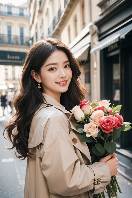 highest quality、4K、Perfect Face、Perfect Style、Sunburn、beautiful、stylish appeal、Mature、long layer curly hair、Swept-back hair、in paris 、full body, giddy smile、havin a rose bouquet 、hoop pierce、trench coat、