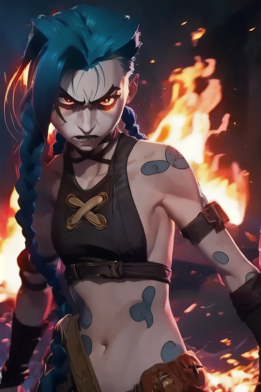 Jinx. T, angry face, Jinx costume, twin long braids . Best quality, detailed, intricate, 4K. ((Cinematic flames and explosion Background)). 