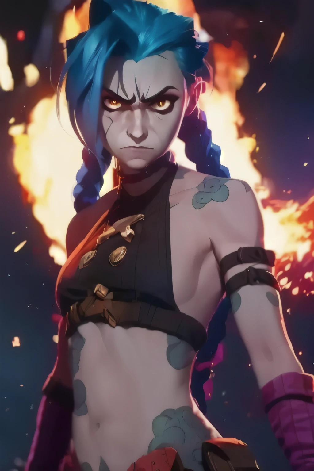 Jinx. T, angry face, Jinx costume, twin long braids . Best quality, detailed, intricate, 4K. ((Cinematic flames and explosion Background)). 