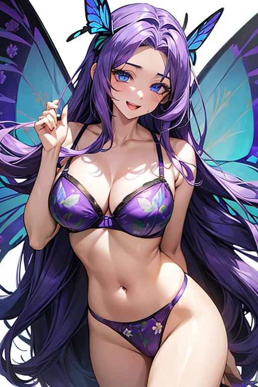 (purple long hair:1.5)、(((blue butterfly wings))),(((flower print lingerie))), ((flower print bra)), Very detailed、highest quality、Best image quality、masterpiece、8k、Anime Face、A kind smile、Open Mouth、big breast, sexy、 beautiful body 、Cowboy Shot, Sexual Intercourse, ((blue eyes)), bedroom