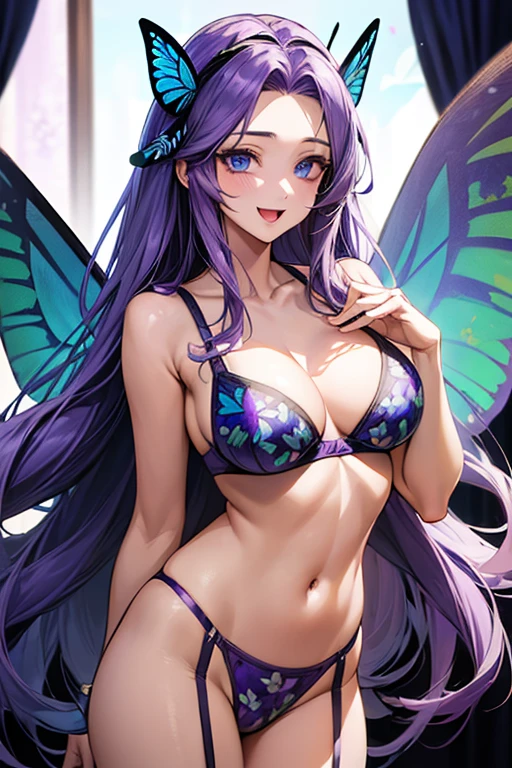 (purple long hair:1.5)、(((blue butterfly wings))),(((flower print lingerie))), ((flower print bra)), Very detailed、highest quality、Best image quality、masterpiece、8k、Anime Face、A kind smile、Open Mouth、big breast, sexy、 beautiful body 、Cowboy Shot, Sexual Intercourse, ((blue eyes)), bedroom